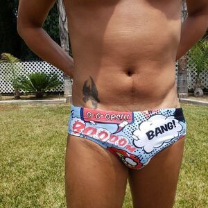 Men's Padded Comic Bang Swim Wear Briefs Push Up Cup Enhancing Size L